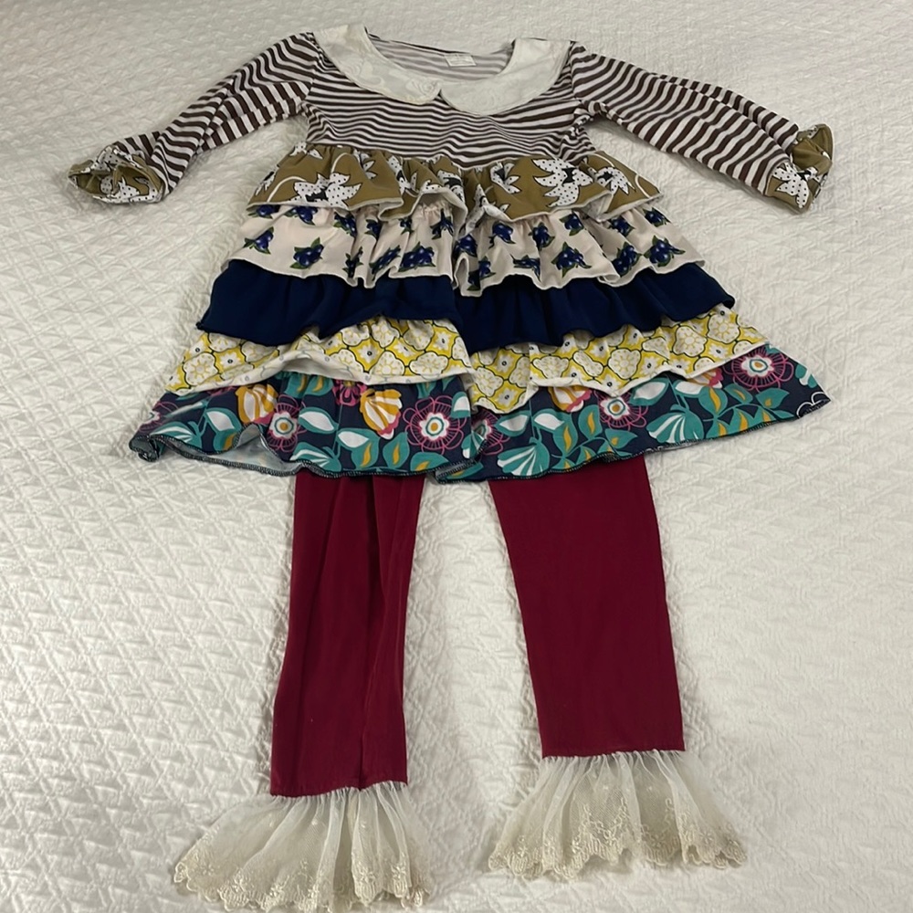 Girls boutique ruffle lace top and lace trimmed ruffle pants floral polka dot 6